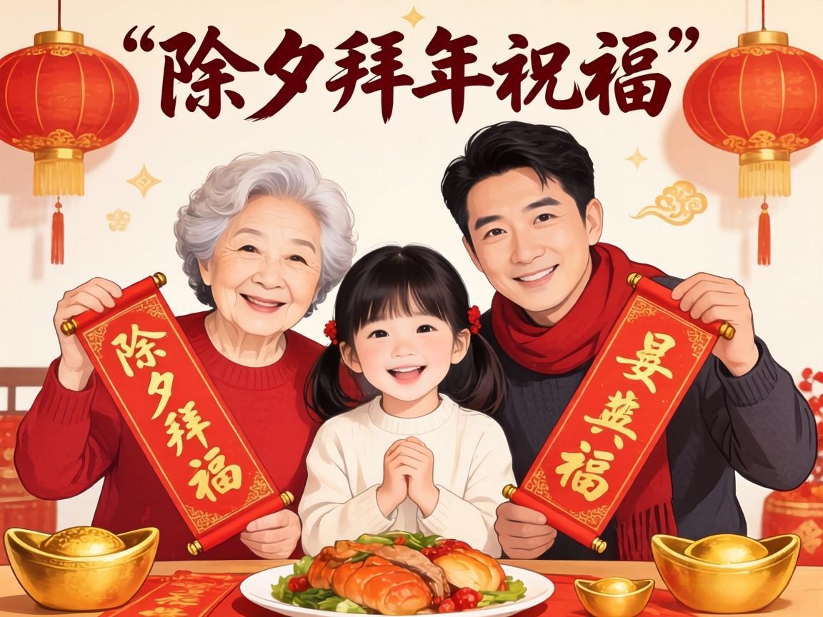 一家三口除夕拜年祝福