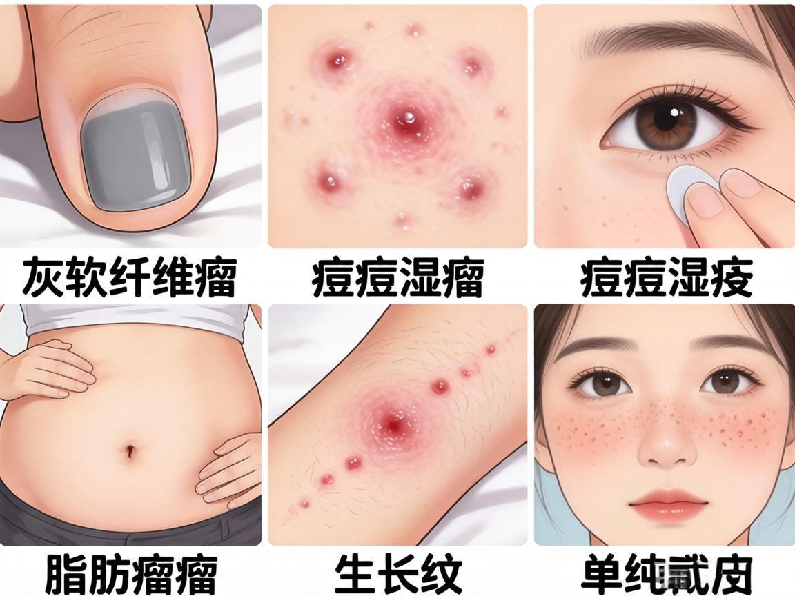 软纤维瘤、灰指甲、痘痘、湿疹、脂肪瘤、生长纹、单纯疱疹
