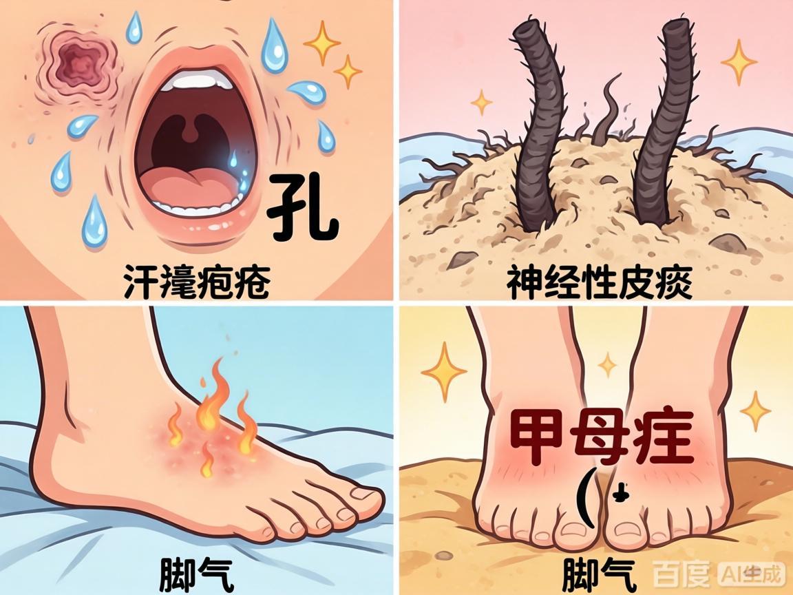 扩张孔、汗疱疹、毛囊炎、神经性皮炎、脚气、甲母痣