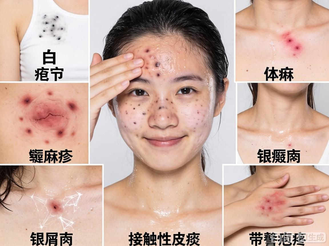 湿疹、白癜风、痤疮、荨麻疹、体癣、银屑病、接触性皮炎、带状疱疹